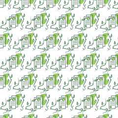 Vector pattern with a restaurant menu illustration. Green pattern on a white background. Healthy eating only. Seamless pattern. Curly plants with leaves emphasize the naturalness of the prepared food.