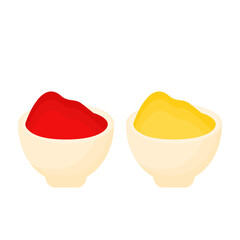 Illustration of red tomato sauce and yellow mustard sauce in a bowl as a condiment for fast food restaurant and cafe design