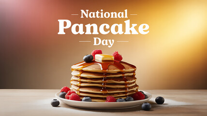Stack of pancakes topped with berries, butter, and syrup on a plate, celebrating National Pancake Day