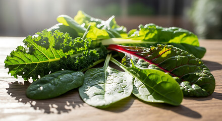 Fresh organic leafy green vegetables kale spinach chard pile healthy ingredients for cooking and salads on wooden table sunlight