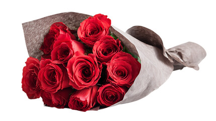 A beautiful bouquet of red roses wrapped in paper isolated on transparent background