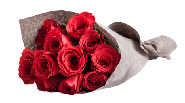 A beautiful bouquet of red roses wrapped in paper isolated on transparent background
