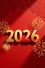 A festive and traditional New Year's card for 2026, showcasing golden 3D numbers with light and shadow on a red background with subtle floral patterns.