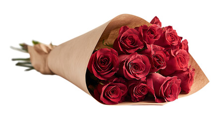 A bouquet of red roses wrapped in brown paper isolated on transparent background