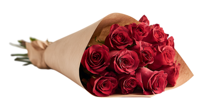 A bouquet of red roses wrapped in brown paper isolated on transparent background