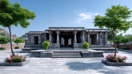 Obraz premium Ancient Stone Temple Facade With Trees Against Blue Sky on Sunny Day, Granite Building With Intricate Carvings, Flower Beds and Outdoor Landscape