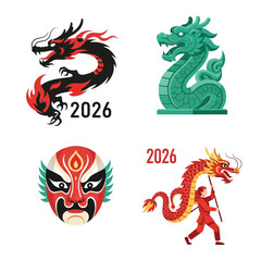 Four illustrations featuring dragons, a mask, and a person, celebrating a cultural event.