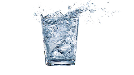 Glass of water with ice cubes creating a splash, isolated on transparent background