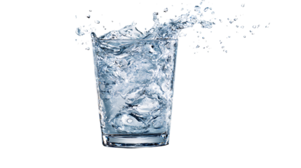 Glass of water with ice cubes creating a splash, isolated on transparent background