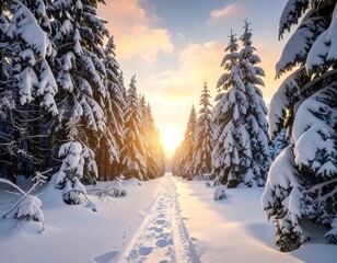 Sunlit path through snow-covered evergreen forest at sunset