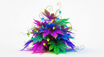 Vibrant fantasy plant with colorful leaves and glowing berries isolated on white background, a whimsical and enchanting botanical creation for magical designs