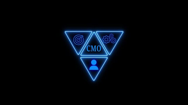 A glowing blue neon sign with the letters cmo in the center, representing the chief marketing officer role within a company, surrounded by icons symbolizing marketing, strategy, and leadership