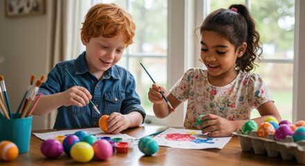 Naklejka premium Creative kids painting easter eggs at home engaging activity indoor environment playful viewpoint