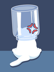 Cartoon white cat with head stuck in upside down water container showing frustration with red symbol on blue background humorously capturing curious pet trouble in a playful scene