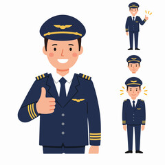 Smiling cartoon pilot character in uniform giving a thumbs-up, representing aviation, success, and professional service. Vector illustration on a white background.