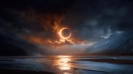 Solar eclipse over dramatic mountain landscape with glowing sky and reflective water at sunset