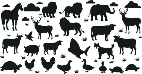 Animal silhouettes vector set, farm and wild animals collection, livestock and wildlife icons, black simple nature illustration, domestic animals and wild creatures graphics