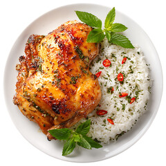 Roasted chicken thigh with rice and mint isolated on transparent background