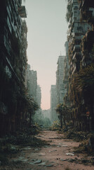 Post apocalyptic city street, destroyed buildings, overgrown plants, abandoned, urban decay