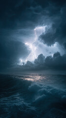 Lightning storm over vast ocean with dramatic clouds, crashing waves, and intense atmosphere