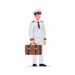 Confident male airline pilot in full uniform, holding a briefcase, standing against a clean white background. Flat vector illustration of a professional aviator.