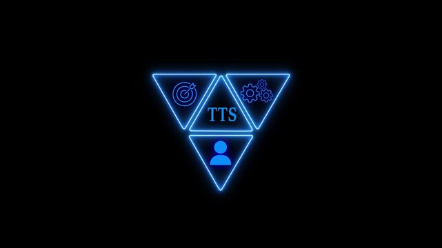 The tts acronym in a neon triangle design, representing texttospeech technology with user, target, and settings icons, glowing against a dark background, symbolizing modern digital solutions