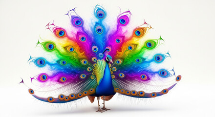 A vibrant peacock with a full display of rainbowcolored feathers, isolated on white background, showcasing a spectrum of hues in an artistic representation
