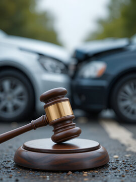 Gavel at Accident Scene, Sideswipe Head-On Collision, Blurred Road Background