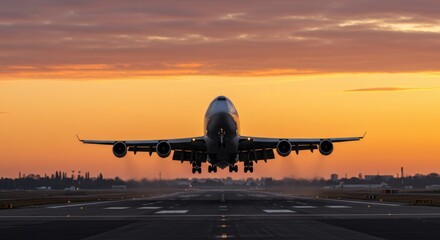 Airplane taking off at sunset international airport aviation vibrant sky wide angle travel experience