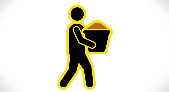Energetic worker carrying a heavy bucket full of soil, symbolizing hard work, manual labor, and construction projects with bold graphic style and bright yellow outline