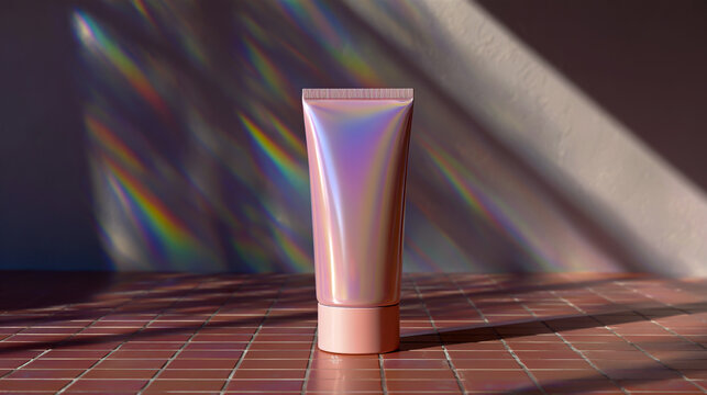 Minimalist mockup of an empty pastel pink cosmetic tube standing on a table, with holographic light rays in the background, high-resolution photography