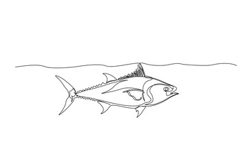 Tuna fish in continuous one line drawing. Single line art illustration of tuna fish. Editable vector.