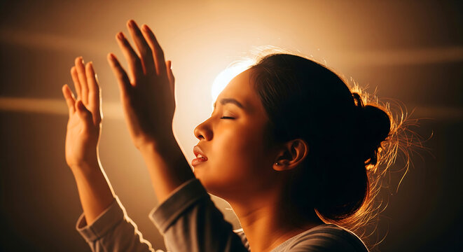 Faithful Young Woman Praying with Hands Raised Toward Divine Golden Light  Spiritual Hope and Connection Concept
