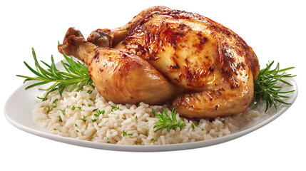 Roasted chicken with rice and rosemary isolated on transparent background