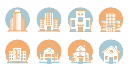 Architectural Icons A Set of Illustrations Depicting Various Buildings in a Clean, Modern Style