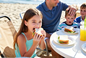 Family picnic enjoying delicious sandwiches at the beach fun outdoor meal sunny environment candid viewpoint