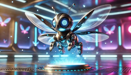 A futuristic flying pet, resembling a small robotic creature with sleek metallic plating and glowing blue eyes