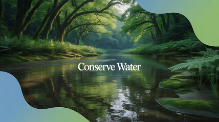 Serene forest stream with lush greenery and reflective water surface promoting water conservation