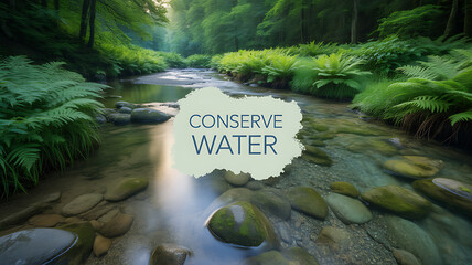 Clear stream flowing through a lush forest with a conservation message overlay