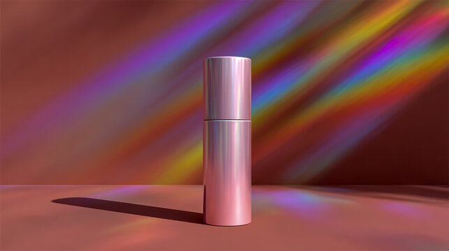 Minimalist mockup of an empty pastel pink cosmetic tube standing on a table, with holographic light rays in the background, high-resolution photography