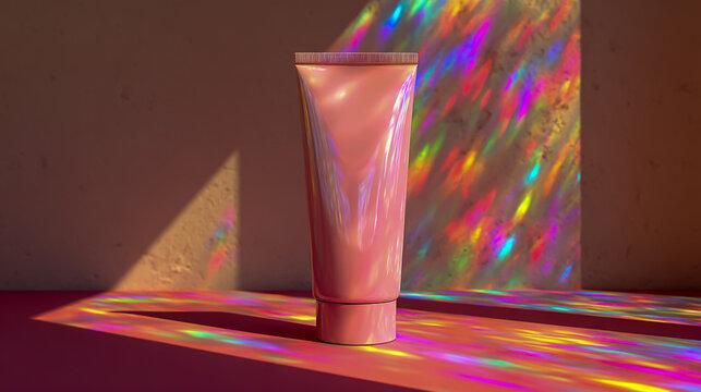 Minimalist mockup of an empty pastel pink cosmetic tube standing on a table, with holographic light rays in the background, high-resolution photography