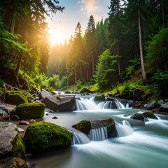 Sunlit river flows through lush green forest, cascading over moss-covered rocks