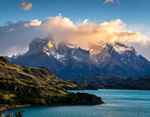 Sunlit, snow-capped peaks rise above a serene lake, clouds illuminate the mountain range at sunset