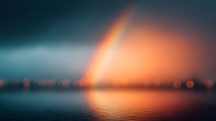 Luxury coworking caf&eacute; blurred glowing rainbow through rain clouds