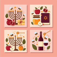 Fototapeta premium Rosh Hashanah holiday symbols: menorah, honey, apple, pomegranate, wine, book.
