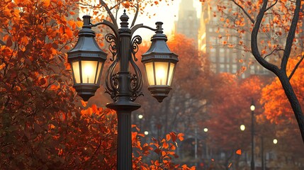 Illuminated vintage lamppost among autumn foliage and blurred cityscape background at dusk