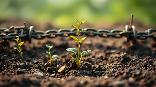 The seedlings break through the chains and grow, representing the concept of breaking free from the shackles of poverty, used in poverty alleviation themed propaganda scenes.