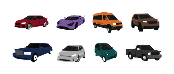 Flat vector set of colorful cars. Sedan, hyper, van, suv, limousine, hatchback, mini car, and pickup. Vector geometric illustration.