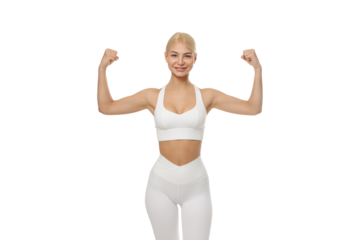 A smiling woman demonstrates strength in yoga attire, isolated, PNG