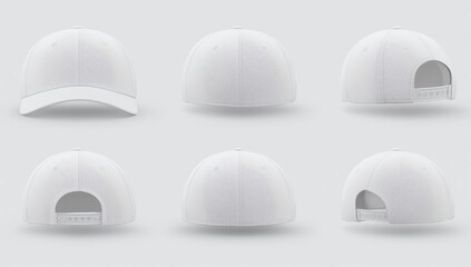 Set of white baseball caps. Realistic caps mockups, front, side and back view